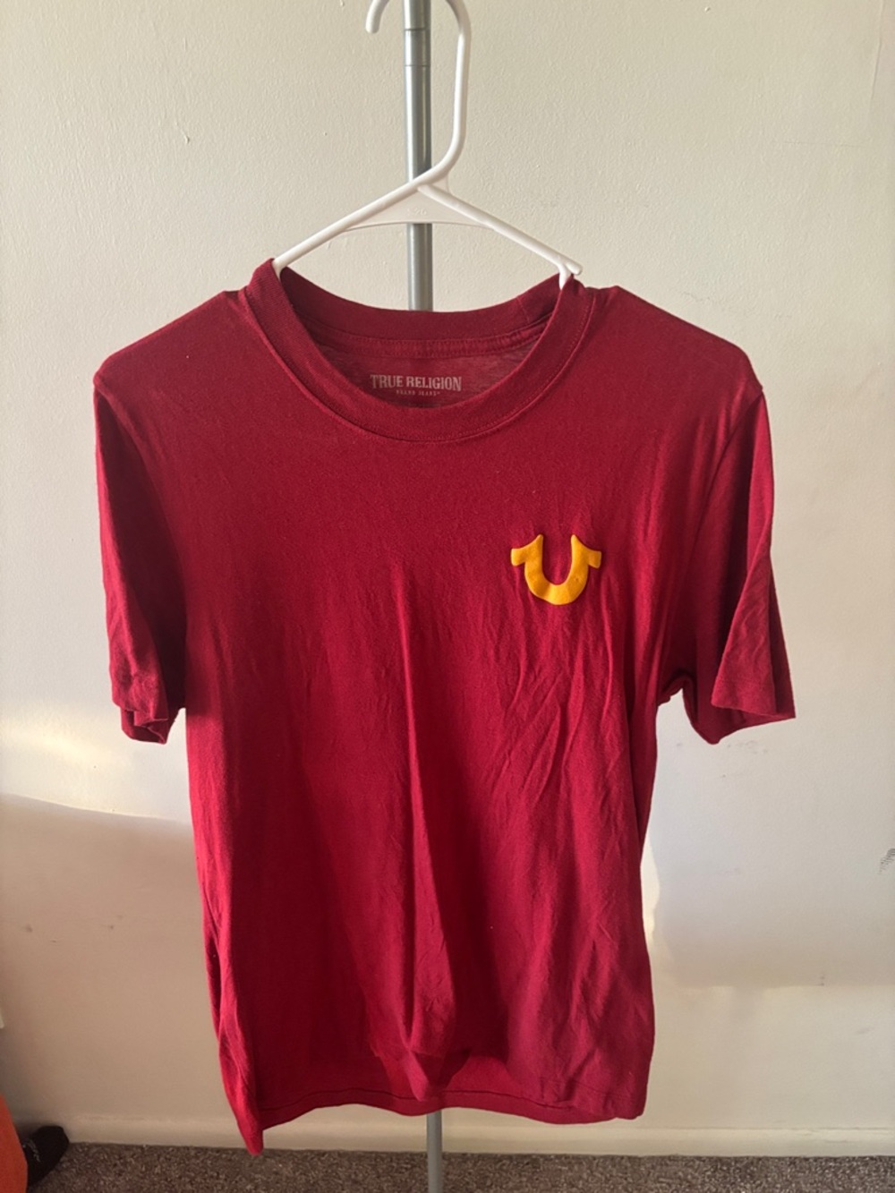True Religion Red Short Sleeve Tee with Yellow Logo Accent